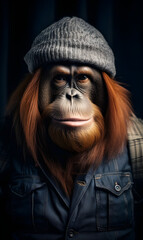 studio portrait of orangutan dressed in winter clothes. Fashion portrait of an anthropomorphic animal, posing with a charismatic human attitude