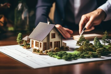 House model is displayed on wooden meeting table with in the blurred background of real estate agent and client discuss terms and conditions of house loan or rental lease contract. Entity - obrazy, fototapety, plakaty