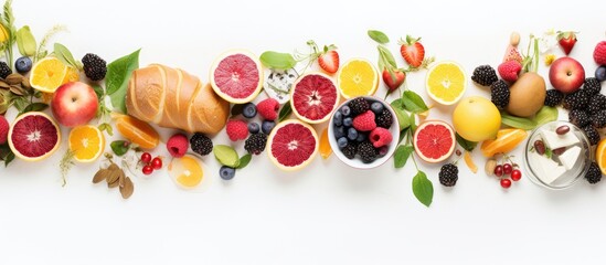 In the midst of a vibrant summer, a hand delicately arranges an appetizing breakfast spread isolated against a pristine white background, showcasing the contrasting textures of luscious fruits