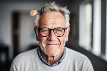 The portrait of an old man in a knitted sweater and black glasses smiling and looking at a camera on a blurry room background. Generative AI.