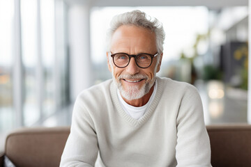 The portrait of an old man in a knitted sweater and black glasses smiling and looking at a camera on a blurry room background. Generative AI.