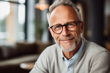 Fototapeta premium The portrait of an old man in a knitted sweater and black glasses smiling and looking at a camera on a blurry room background. Generative AI.