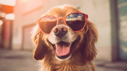 Closeup portrait of smiling dog in fashion sunglasses. Funny pet on a bright background with copy...