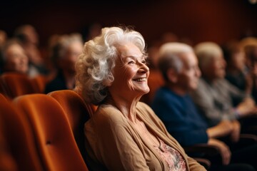 Photo of a senior woman enjoying a live theater performance. Generative AI