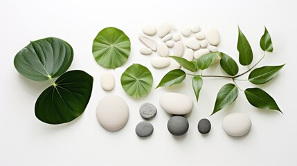  a group of rocks and leaves on a white surface with a green leaf in the middle of the picture and a white background with a green leaf in the middle of the picture.