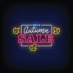 Neon Sign autumn sale with brick wall background vector