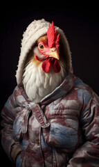 studio portrait of chicken dressed in winter clothes. Fashion portrait of an anthropomorphic animal, posing with a charismatic human attitude