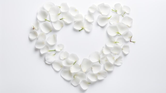  white flowers arranged in the shape of a heart on a white background with copy - up space in the middle of the image to the left side of the heart.
