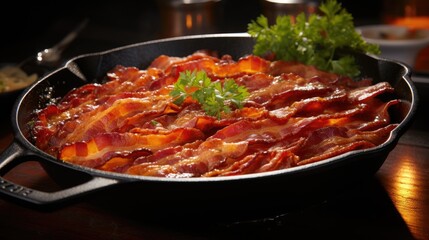 Crunchy streaky bacon fried in a cast iron skillet