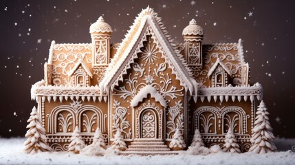 Fototapeta premium a close up of a gingerbread house with icing on it's roof and trees in front of a dark background with snow flecked snowflakes.
