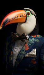 portrait of toucan dressed in an elegant patterned suit with tie, confident and classy high Fashion portrait of an anthropomorphic animal, posing with a charismatic human attitude