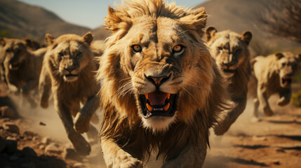 Lions in wild nature, running on camera. Action wildlife scene with dangerous animal