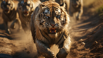 Tigers in wild nature, running on camera. Action wildlife scene with dangerous animal. Panthera tigris altaica - obrazy, fototapety, plakaty