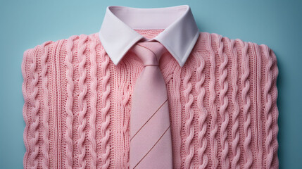 Pink tie on a textured sweater, creating a cohesive and stylish knitwear ensemble.