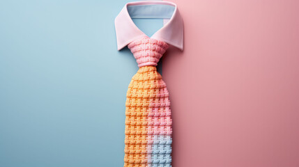 Gradient tie over a pink and blue background, showcasing a smooth transition of warm to cool tones.