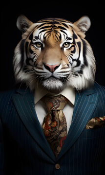 portrait of tiger dressed in an elegant patterned suit with tie, confident and classy high Fashion portrait of an anthropomorphic animal, posing with a charismatic human attitude