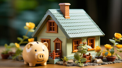 Obraz premium Piggy bank beside a miniature house among plants, metaphor for home savings and investment.