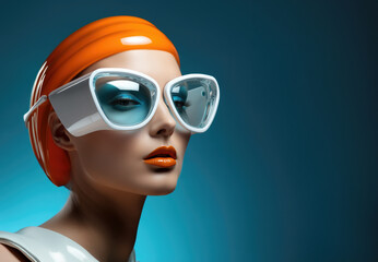 Portrait of fashion young girl with a round sunglasses in neon light in the studio. Futuristic fashion style