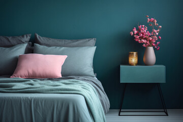 Stylish Modern Cozy Bedroom in Dark Colors, Cozy Interior with Turquoise Walls and Home Decor