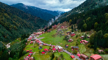 General landscape view of Ayder Plateau in Rize. Ayder Plateau has a wide meadow area with excellent nature views and wooden chalets. Rize, Camlihemsin, Turkey.