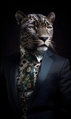 portrait of pantherdressed in an elegant patterned suit with tie, confident and classy high Fashion portrait of an anthropomorphic animal, posing with a charismatic human attitude