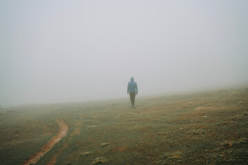 The man with his back turned, wearing his hat and green coat, walks on the foggy road.