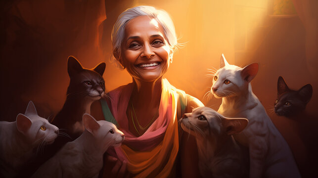 Femme âgée rayonnante et épanouie avec ses chats, races de chats orientaux