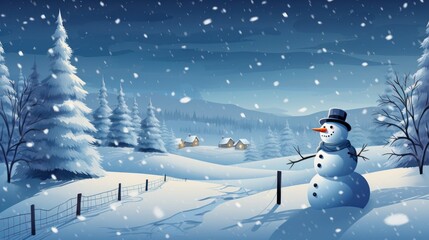  a snowman is standing in the middle of a snowy field with a fence in front of it and a house on the other side of the snow covered hill.