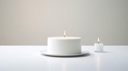  a white candle sitting on top of a white table next to a white cup with a candle in it on top of a white table next to a white plate.