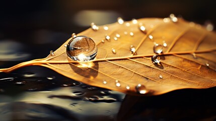 Autumnal leaf, macro shot, with dew drops