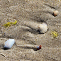 Seashells and algae on wet sand with traces of sea waves
