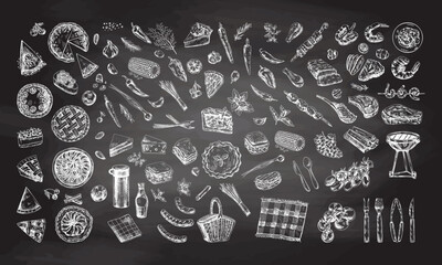 A set of hand-drawn sketches of barbecue and picnic elements on chalkboard background. For the design of the menu of restaurants and cafes, grilled food. Doodle vintage illustration. Engraved image.