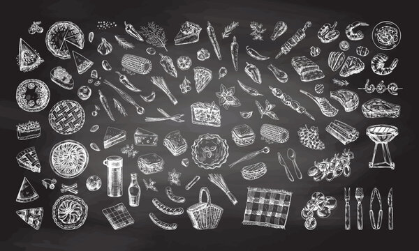 A set of hand-drawn sketches of barbecue and picnic elements on chalkboard background. For the design of the menu of restaurants and cafes, grilled food. Doodle vintage illustration. Engraved image.