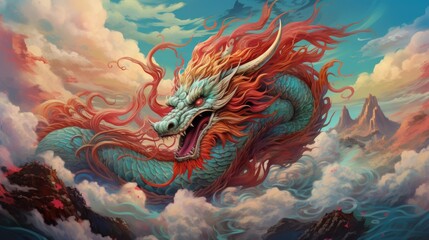 Illustration of a Chinese oriental dragon in the clouds. Symbol of the new year. Tattoo, illustration for printed matter