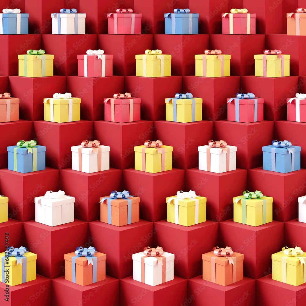 Poster many multi color gift box with golden ribbon put on red color stage mock up. christmas idea concept 