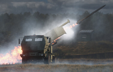 High Mobility Rocket Artillery System during firing.3d illustration.	
