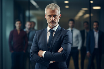 The portrait of a solemn mature businessman in a neat suit standing in front of an employee team in the office room. Generative AI.