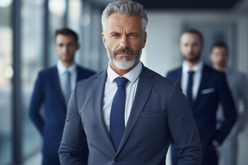 The portrait of a solemn mature businessman in a neat suit standing in front of an employee team in the office room. Generative AI.