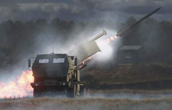 High Mobility Rocket Artillery System during firing.3d illustration.	
