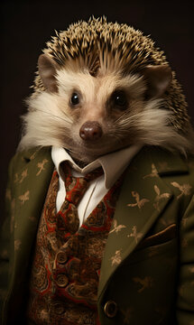 portrait of hedgehog dressed in an elegant patterned suit with tie, confident and classy high Fashion portrait of an anthropomorphic animal, posing with a charismatic human attitude