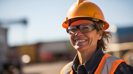 portrait of smiling mature female engineer on site wearing hard hat, ppe, and safety glasses
