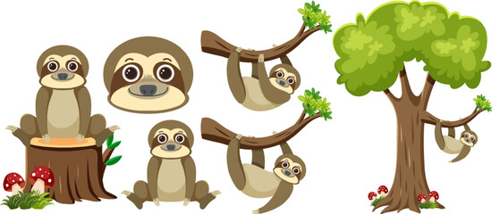Fototapeta premium Sloth Hanging on Branch with Tree Elements