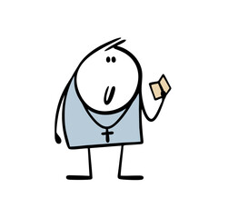 A religious man with a cross around his neck reads the Bible and preaches Christianity in church. Vector illustration of religion and a preacher with a book in hands. Atoning for sins before God.