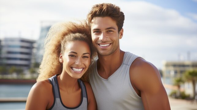 Fitness, selfie and friends in park bokeh portrait for outdoor workout exercise together. Happy diversity influencer couple or personal trainer people taking photo for wellness social media update