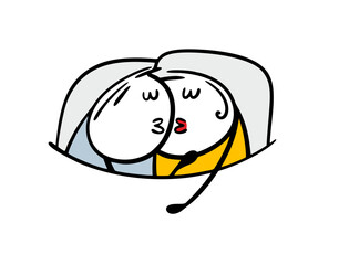 Hand drawn doodle man and woman are lying in bed, hugging and kissing. Vector illustration of wife and husband couple in love and love joys.