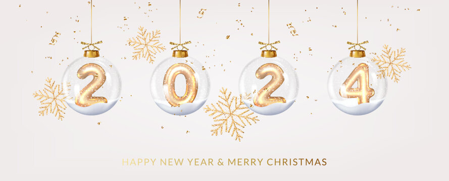Christmas and New Year 2024 greeting card with balls, numbers, ribbons and snowflakes.	