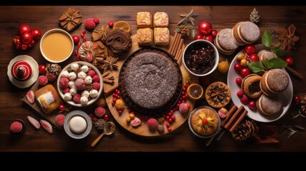  a table topped with lots of different types of desserts and desserts sitting on top of a wooden table next to cups of coffee and saucers and saucers.