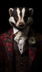 portrait of badger dressed in an elegant patterned suit with tie, confident and classy high Fashion portrait of an anthropomorphic animal, posing with a charismatic human attitude