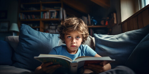 Sad boy with dyslexia hate reading a book at home - obrazy, fototapety, plakaty