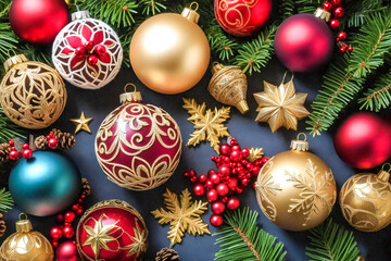 Christmas balls and decorations close-up. New Year's background